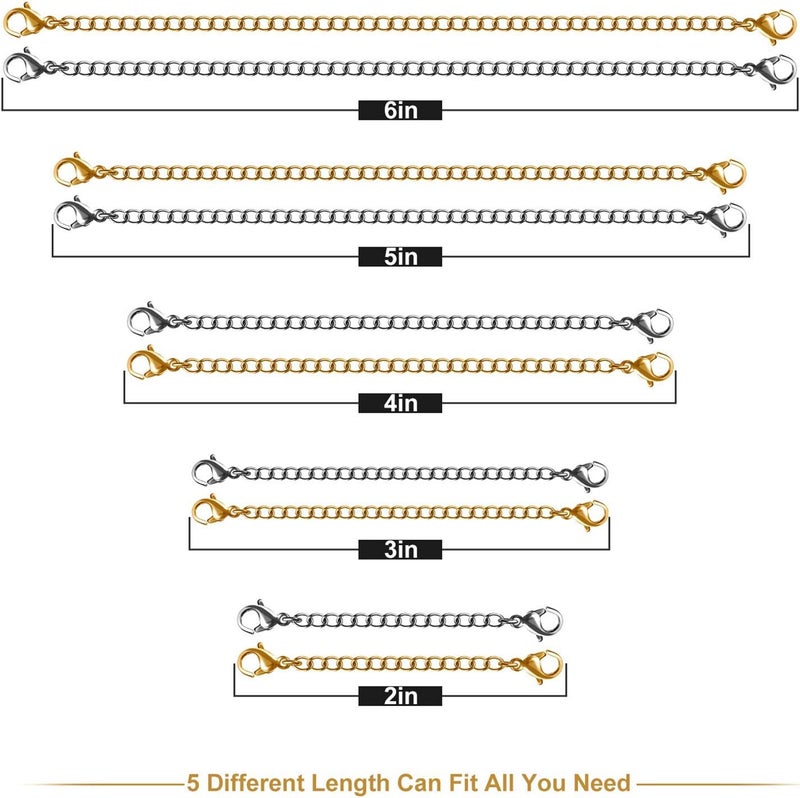 MENKEY Necklace Extenders, 10Pcs Stainless Steel Gold Silver Necklace Bracelet Anklet Extension Chains with Lobster Clasps and Closures for Jewelry Making - Image 2