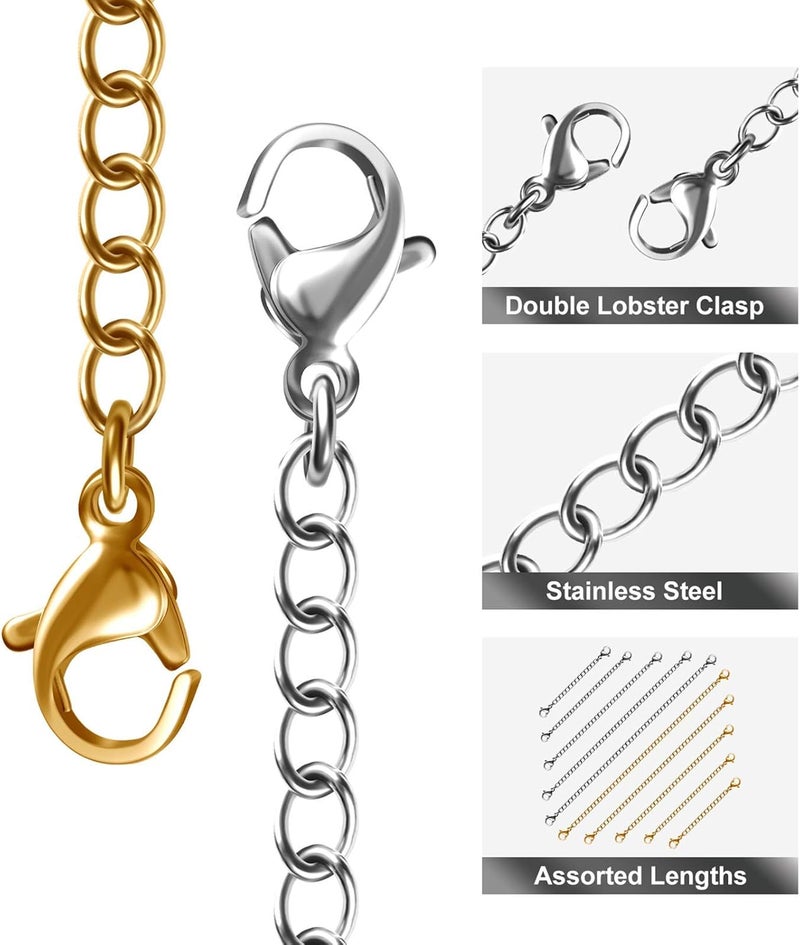 MENKEY Necklace Extenders, 10Pcs Stainless Steel Gold Silver Necklace Bracelet Anklet Extension Chains with Lobster Clasps and Closures for Jewelry Making - Image 3