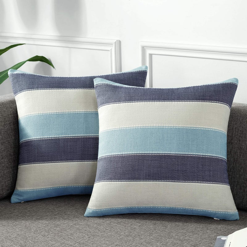 AmHoo Pack of 2 Farmhouse Stripe Check Throw Pillow Covers Set Case Cotton Linen Decorative Pillowcases Cushion Cover for Couch Bench Sofa 18x18Inch Blue Beige