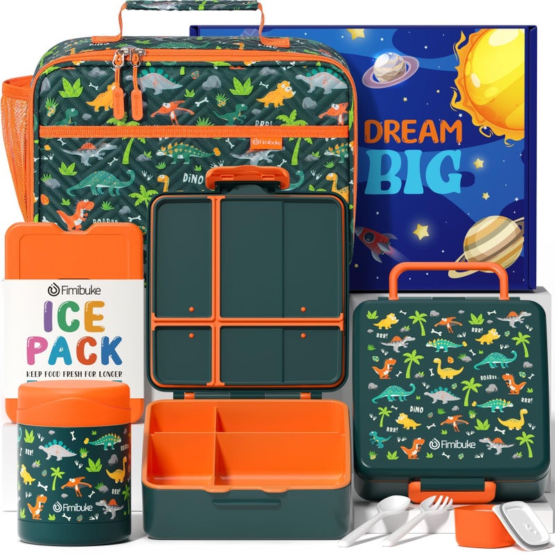 Fimibuke Kids Bento Snack Lunch Box with 4 Compartment, Insulated Bag, Stainless Steel Vacuum Food Jar, Ice Pack, Utensils Set, Birthday Gift for Age 3-12 Back to School Toddler Girl Boy - Image 1