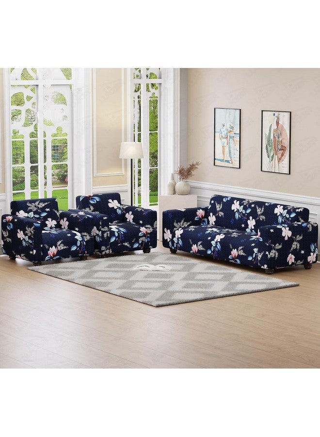 Lukzer غطاء أريكة عالمي مزهر باللون الأزرق البحري 5 مقاعد 3+1+1 | غطاء أريكة قابل للغسل ومضاد للانزلاق مغطى بالكامل بزاوية 360° | غطاء من البوليستر + سباندكس بوزن 140 جرام (SC-012-05) - Image 1