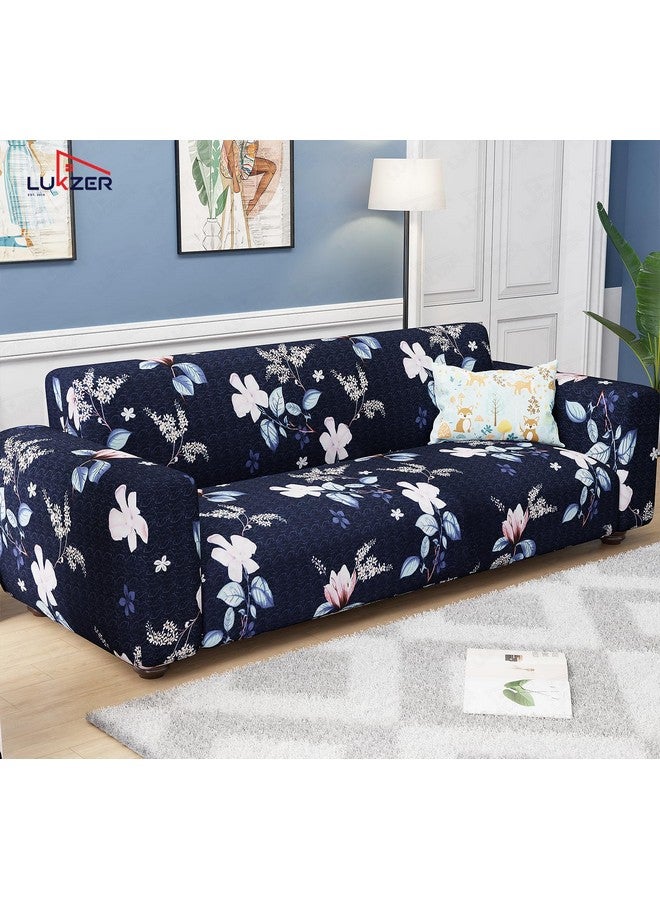 Lukzer غطاء أريكة عالمي مزهر باللون الأزرق البحري 5 مقاعد 3+1+1 | غطاء أريكة قابل للغسل ومضاد للانزلاق مغطى بالكامل بزاوية 360° | غطاء من البوليستر + سباندكس بوزن 140 جرام (SC-012-05) - Image 3