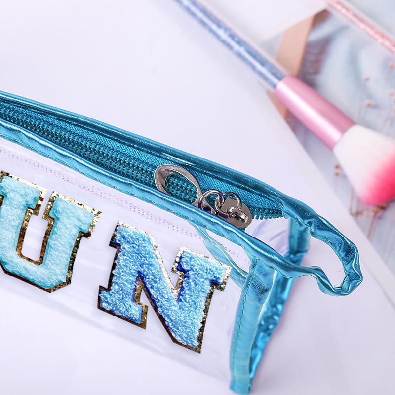 COSHAYSOO Clear Makeup Bag Preppy Sunscreen Pouch Beach Pool Summer Stuff Travel Cosmetic Toiletry Essentials Small Purse Organizer for Women Teenager Girl with Trendy Letter Patch Blue SUN - Image 3