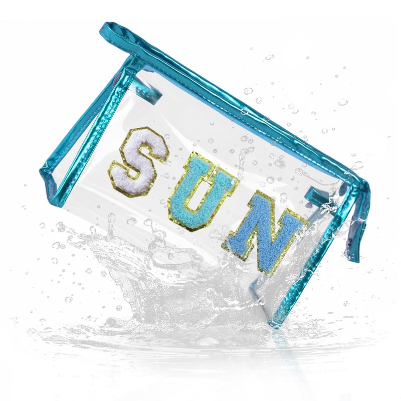 COSHAYSOO Clear Makeup Bag Preppy Sunscreen Pouch Beach Pool Summer Stuff Travel Cosmetic Toiletry Essentials Small Purse Organizer for Women Teenager Girl with Trendy Letter Patch Blue SUN - Image 1