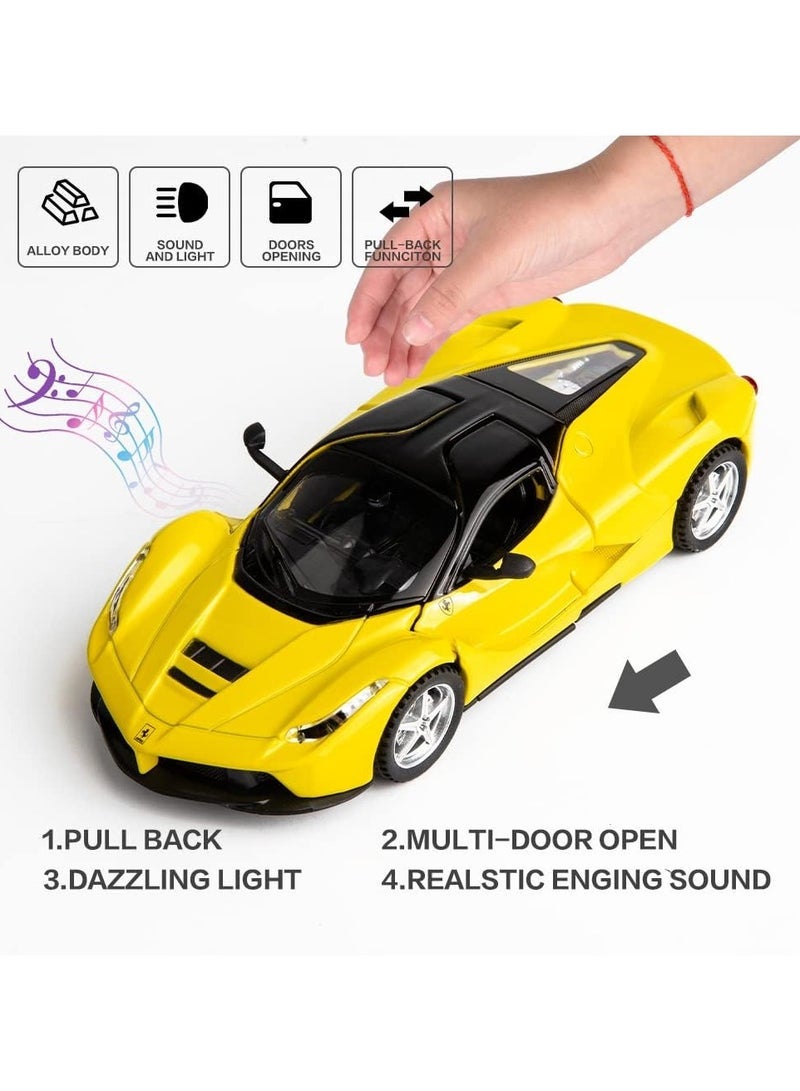Dexo 1:32 Scale Diecast Model Car with Light & Sound – Pull Back Metal Toy Car with Openable Doors, Realistic Race Car for Kids & Collectors (Yellow) - Image 2