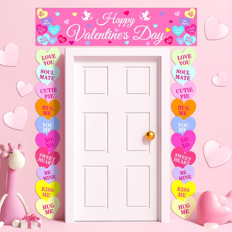 Mindsoft 3 Pcs Valentineâ€˜s Day Door Banner Classroom Conversation Heart Banner 71x12 Inch Happy Valentines Front Door Hanging Decoration Romantic Pattern for Home Wall Office Party Supplies(Colorful) - Image 5