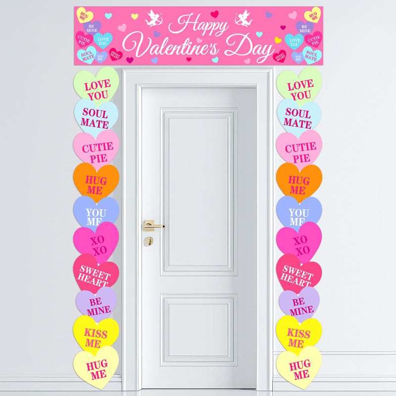 Mindsoft 3 Pcs Valentineâ€˜s Day Door Banner Classroom Conversation Heart Banner 71x12 Inch Happy Valentines Front Door Hanging Decoration Romantic Pattern for Home Wall Office Party Supplies(Colorful) - Image 1