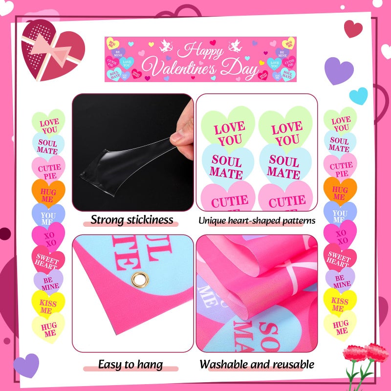 Mindsoft 3 Pcs Valentineâ€˜s Day Door Banner Classroom Conversation Heart Banner 71x12 Inch Happy Valentines Front Door Hanging Decoration Romantic Pattern for Home Wall Office Party Supplies(Colorful) - Image 3