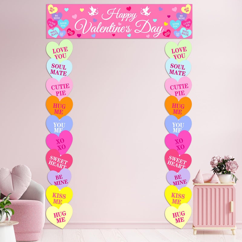 Mindsoft 3 Pcs Valentineâ€˜s Day Door Banner Classroom Conversation Heart Banner 71x12 Inch Happy Valentines Front Door Hanging Decoration Romantic Pattern for Home Wall Office Party Supplies(Colorful) - Image 4