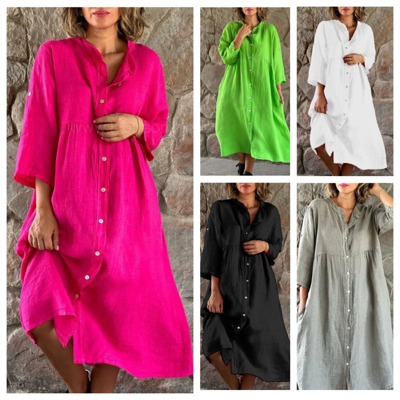 Women's Cotton Linen Button Front Long Casual Dress