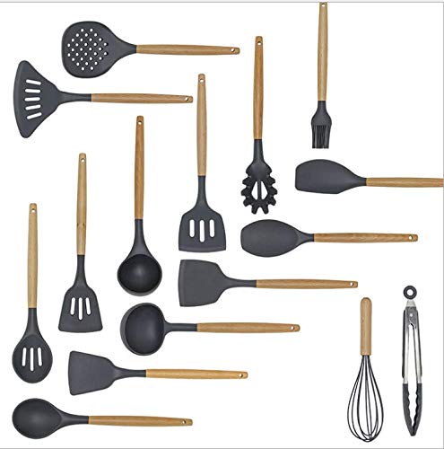 P-Plus International Silicone Cooking Utensils Kitchen Utensil Set Heat Resistant Wooden Handles Kitchen Gadgets Tools Set for Nonstick Cookware (BPA Free) (Round Spatula A, Black) - Image 3