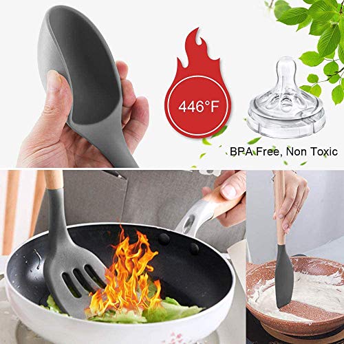 P-Plus International Silicone Cooking Utensils Kitchen Utensil Set Heat Resistant Wooden Handles Kitchen Gadgets Tools Set for Nonstick Cookware (BPA Free) (Round Spatula A, Black) - Image 5