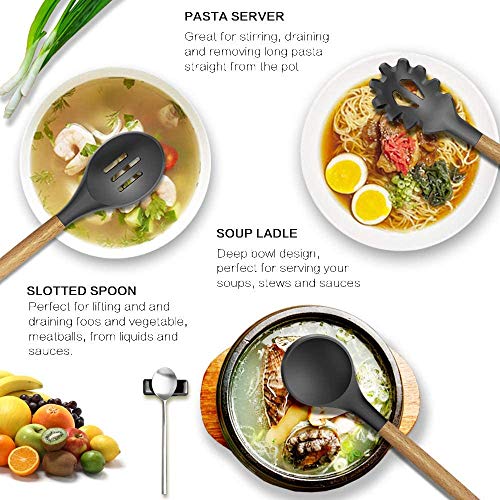 P-Plus International Silicone Cooking Utensils Kitchen Utensil Set Heat Resistant Wooden Handles Kitchen Gadgets Tools Set for Nonstick Cookware (BPA Free) (Round Spatula A, Black) - Image 4