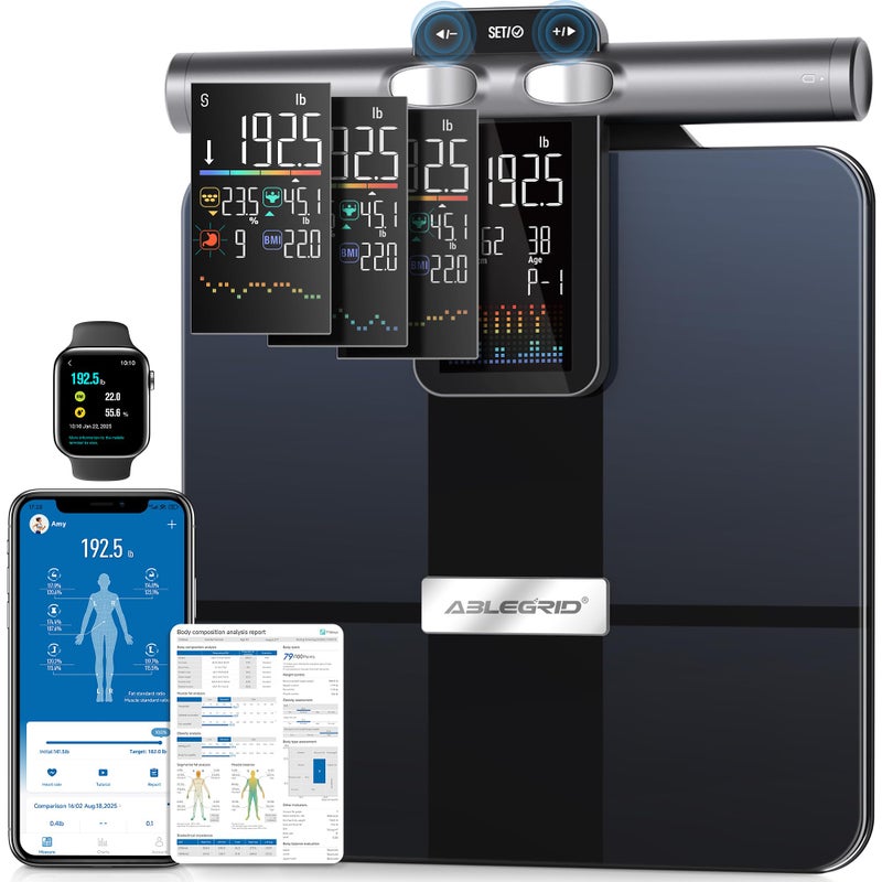 ABLEGRID 8-Electrode Digital Smart Bathroom Scale for Body Weight and Fat Percentage,Full Body Composition Analyzer with Gradient Trends Display,12.2" Platform Handle BMI Weighing Machine,400lb - Image 1