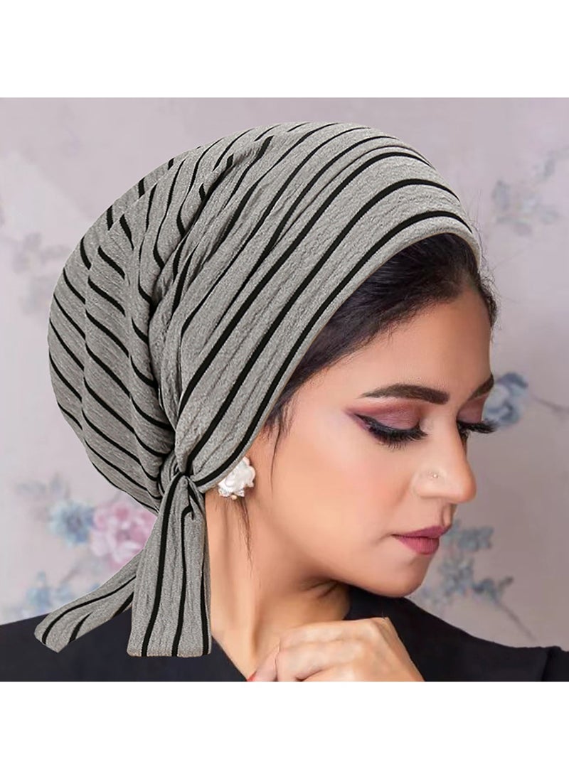 Laravel Striped Muslim long-tail elegant fashion Muslim Elastic turban hat chemotherapy hat Islamic Arab Hijab Undercap Elastic Headscarf Hat Ramadan Gift Holiday Gift Box - Grey Striped  - Image 1