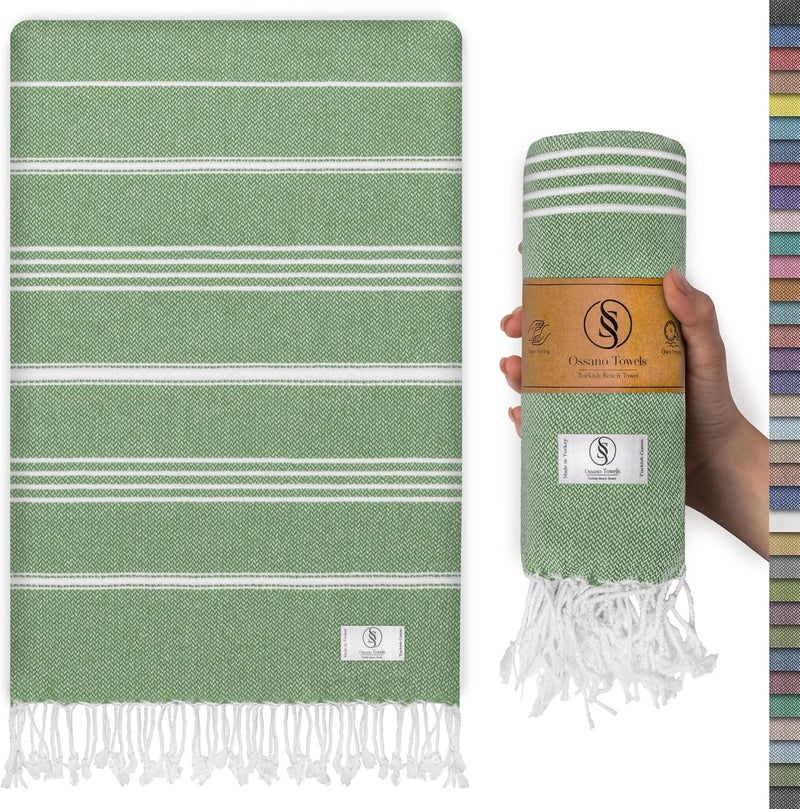 Ossano Turkish Beach Towel Absorbent & Quick Dry Oversized (39" x 71") - Decorative, Versatile and Functional as Yoga Mat, Picnic Blanket, Travel Blanket, Bath, Cruise, Gym Towel - Green - Image 1