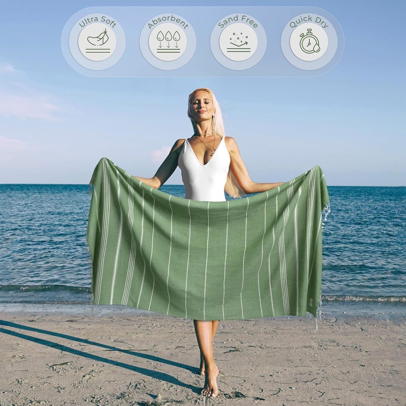 Ossano Turkish Beach Towel Absorbent & Quick Dry Oversized (39" x 71") - Decorative, Versatile and Functional as Yoga Mat, Picnic Blanket, Travel Blanket, Bath, Cruise, Gym Towel - Green - Image 2