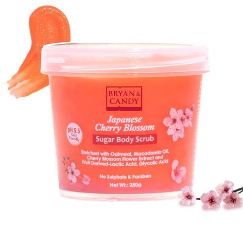 BRYAN  CANDY Bryan & Candy Cherry Blossom Sugar Body Scrub PH 5.5 For Tan Removal & Exfoliation|For Women & Men|Enriched with Macadamia and Argan oil|Removes Dirt & Dead Skin from Knees, Elbows & Ankles - 250g - Image 1