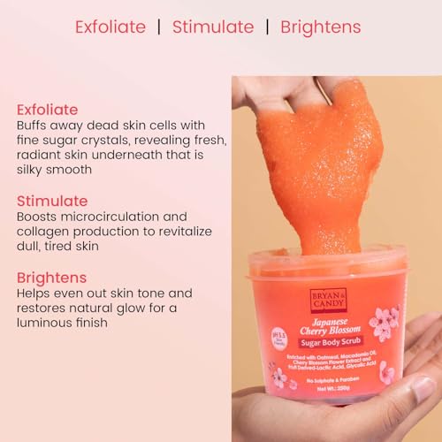 BRYAN  CANDY Bryan & Candy Cherry Blossom Sugar Body Scrub PH 5.5 For Tan Removal & Exfoliation|For Women & Men|Enriched with Macadamia and Argan oil|Removes Dirt & Dead Skin from Knees, Elbows & Ankles - 250g - Image 3