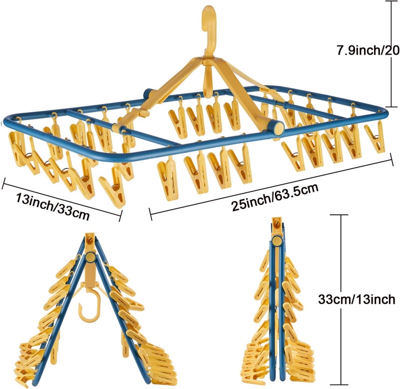 Foshine Drip Hanger Foldable Clip Hangers Plastic with 32 Drying Clips Wind-Proof Hook Underwear Hanger with Clips Laundry Drying Rack Hanger for Socks Bras Lingerie Cloand Plastic ClothesPins - Image 3