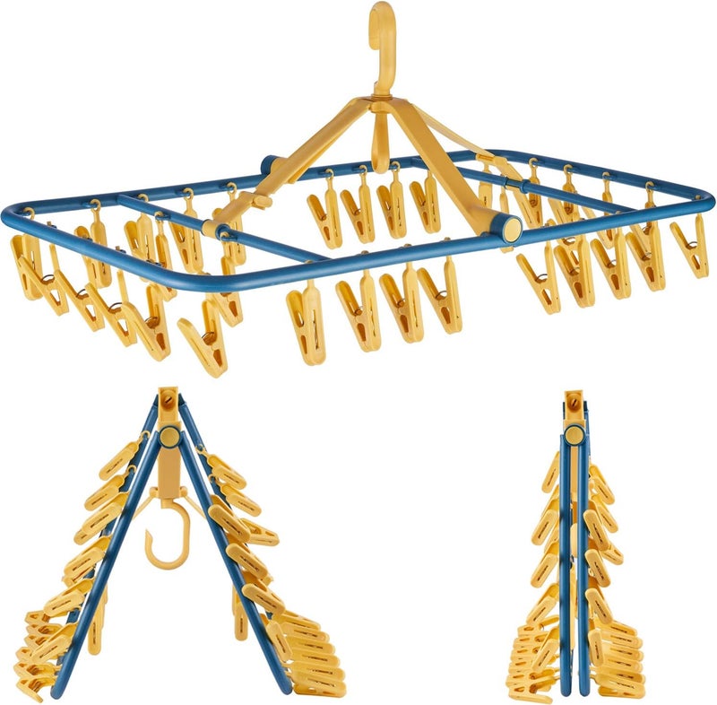Foshine Drip Hanger Foldable Clip Hangers Plastic with 32 Drying Clips Wind-Proof Hook Underwear Hanger with Clips Laundry Drying Rack Hanger for Socks Bras Lingerie Cloand Plastic ClothesPins - Image 1