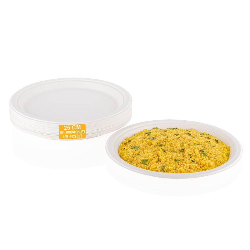 Clazkit 10 Inch Round 100 Pc Bagasse Plates Bamboo Plates Like Party Pack Biodegradable Eco Friendly Plates Alternative to Plastic Plate Paper Plate - Image 1
