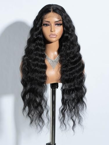 Joedir Lace Front Wigs 30" Long Wavy Synthetic Wig 4.5" Deep Part HD Transparent Lace With Baby Hair For Women 130% Density Wigs(Black Color) - Image 1
