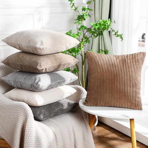 Colingmill 6 Pcs Throw Pillow Covers 18x18 Inch Modern Farmhouse Cushion Cover Soft Corduroy Boho Striped Square Pillow Case for Couch Bed Sofa Living Room Home DecorationNeutral - Image 1