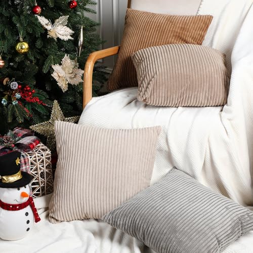 Colingmill 6 Pcs Throw Pillow Covers 18x18 Inch Modern Farmhouse Cushion Cover Soft Corduroy Boho Striped Square Pillow Case for Couch Bed Sofa Living Room Home DecorationNeutral - Image 3