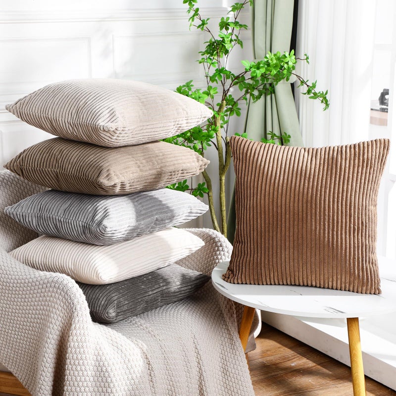 Colingmill 6 Pcs Throw Pillow Covers 18x18 Inch Modern Farmhouse Cushion Cover Soft Corduroy Boho Striped Square Pillow Case for Couch Bed Sofa Living Room Home DecorationNeutral - Image 2
