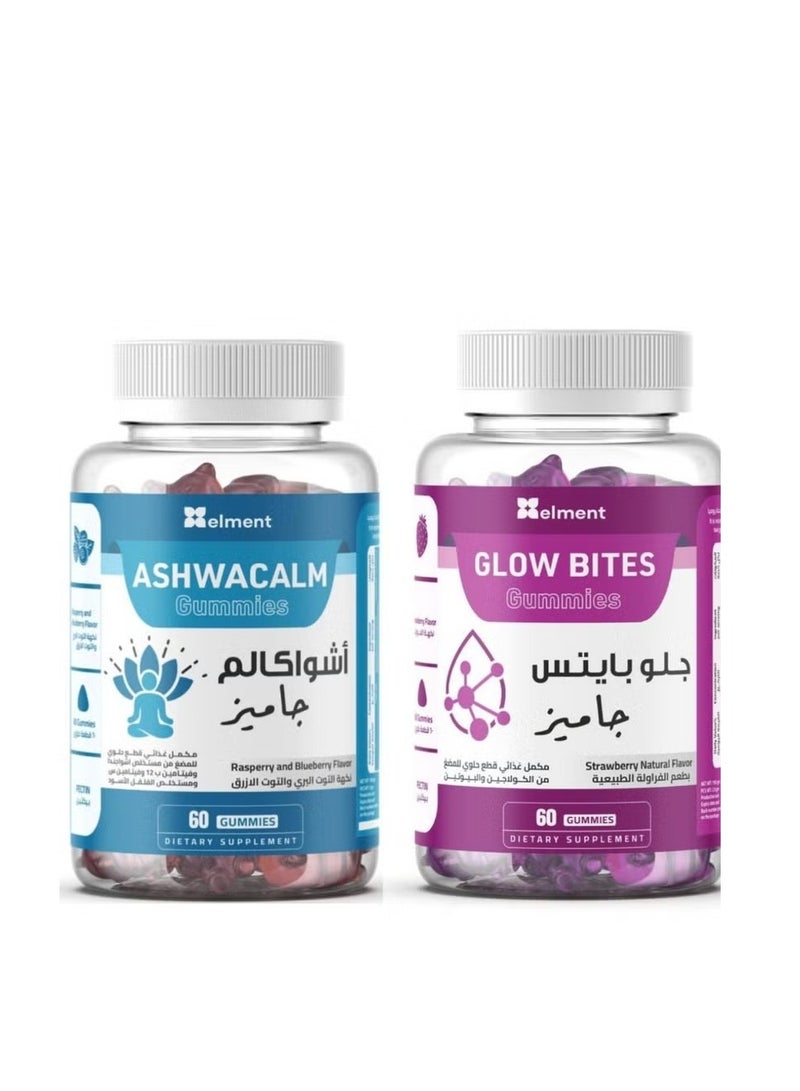 Element Ashwakalm Gummies Food Supplement Cranberry & Blueberry Flavor - 60 Gummies + Collagen Glow Bites Gummies Food Supplement Natural Strawberry Flavor - 60 Gummies
