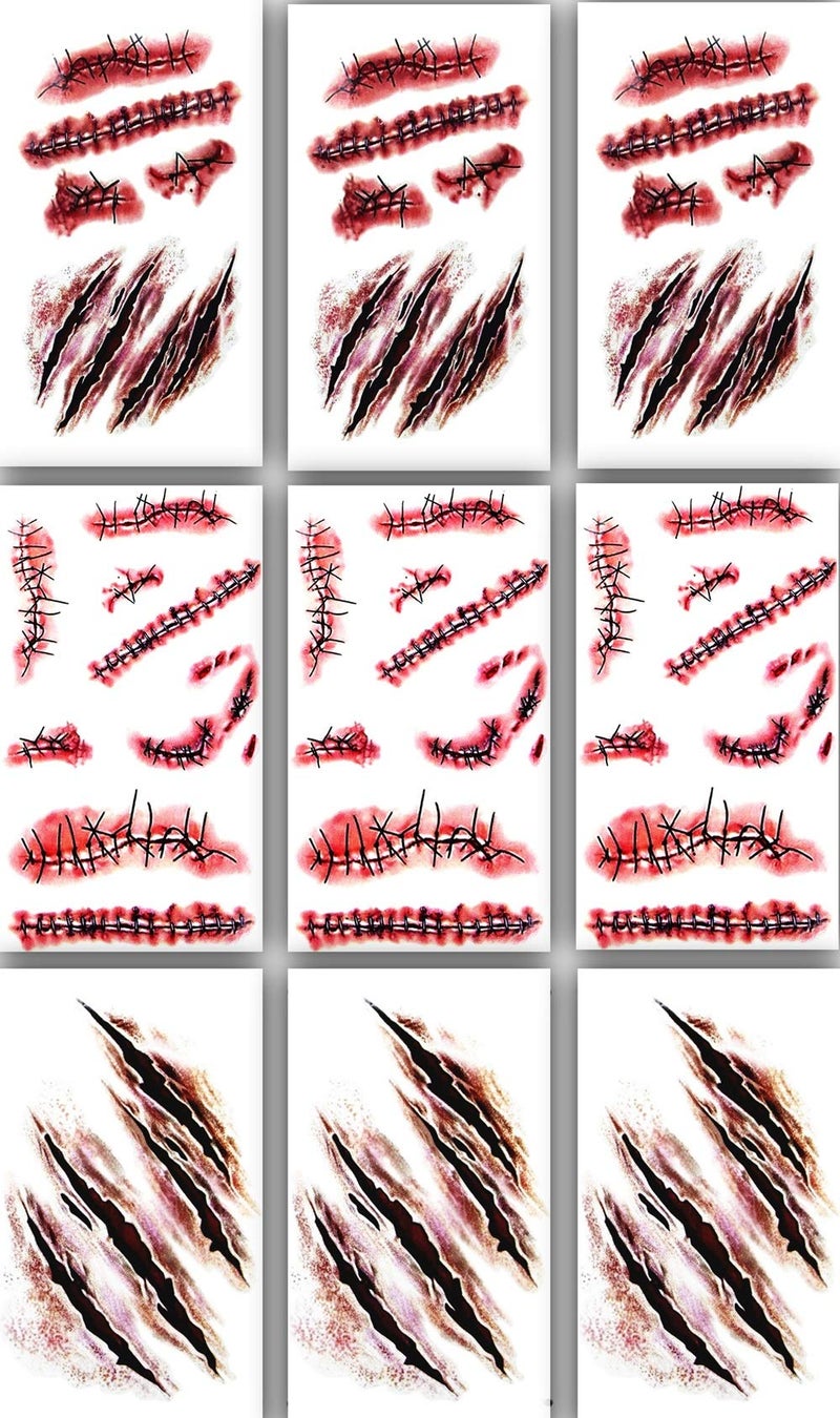 9pcs Halloween zombie makeup Fake Bloody Wound Stitch Scar Waterproof Temporary Tattoo Sticker Halloween Masquerade Prank Makeup Props