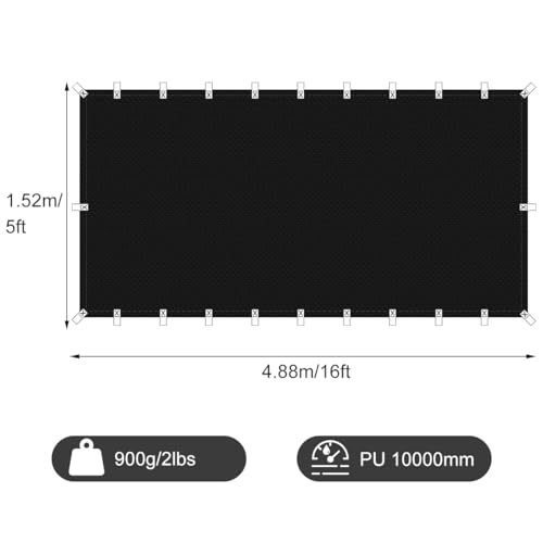 Honsaifau Black Waterproof Tarp Cover for Outdoor: Multi-Purpose Oxford Tarpaulin with Reinforced Webbing Loops for Garden Shed Patio Camping Pool Roof Tent - Durable and Tear Resistant (5ft x 16ft) - Image 5