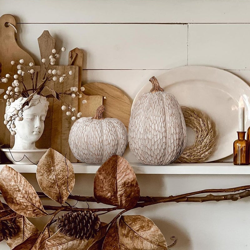 DN DECONATION Thanksgiving Resin Pumpkins Fall Decor, Brown and White Decorative Pumpkins Figurine, Artificial Carved Faux Pumpkin Statues for Rustic Fall Tabletop Home Decor, Farmhouse, Autumn, Harvest, Wedding - Image 5
