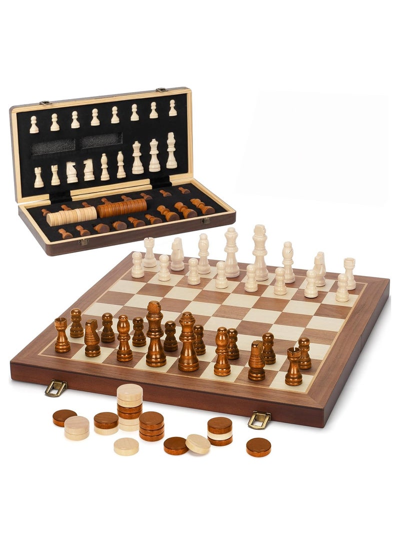 NNEWVANTE 2 in 1 Magnetic Wooden Chess and Checkers Board Game Set, 15" Folding Chess Boards with 2 Extra Queens, Portable Travel Chess Sets with Pieces Storage Slots, Beginner Chess Game Set for Kids, Adults - Image 1