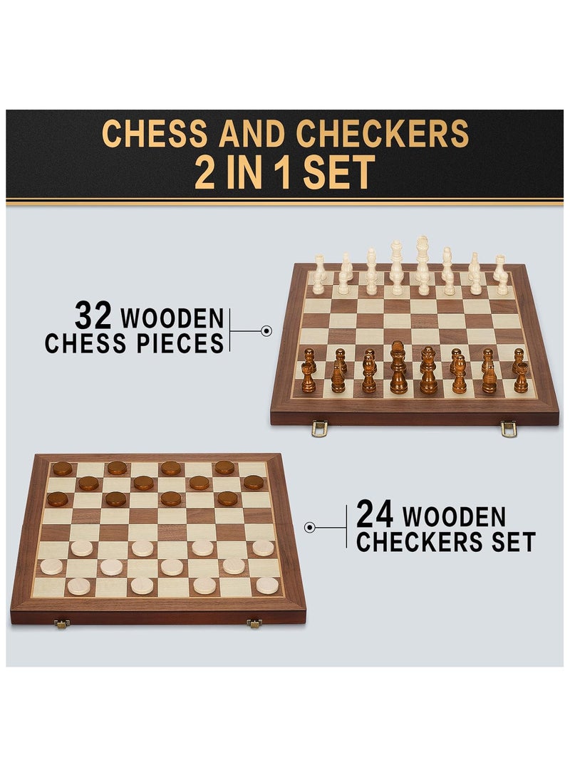 NNEWVANTE 2 in 1 Magnetic Wooden Chess and Checkers Board Game Set, 15" Folding Chess Boards with 2 Extra Queens, Portable Travel Chess Sets with Pieces Storage Slots, Beginner Chess Game Set for Kids, Adults - Image 2