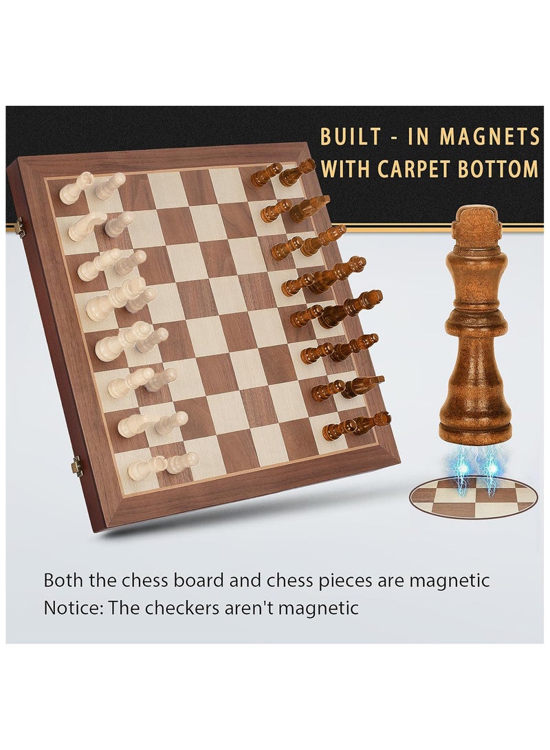 NNEWVANTE 2 in 1 Magnetic Wooden Chess and Checkers Board Game Set, 15" Folding Chess Boards with 2 Extra Queens, Portable Travel Chess Sets with Pieces Storage Slots, Beginner Chess Game Set for Kids, Adults - Image 3