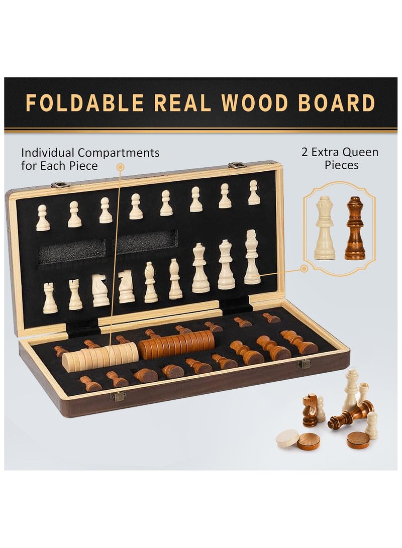 NNEWVANTE 2 in 1 Magnetic Wooden Chess and Checkers Board Game Set, 15" Folding Chess Boards with 2 Extra Queens, Portable Travel Chess Sets with Pieces Storage Slots, Beginner Chess Game Set for Kids, Adults - Image 4