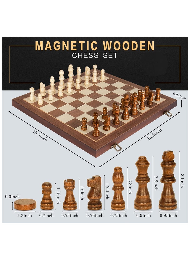 NNEWVANTE 2 in 1 Magnetic Wooden Chess and Checkers Board Game Set, 15" Folding Chess Boards with 2 Extra Queens, Portable Travel Chess Sets with Pieces Storage Slots, Beginner Chess Game Set for Kids, Adults - Image 5