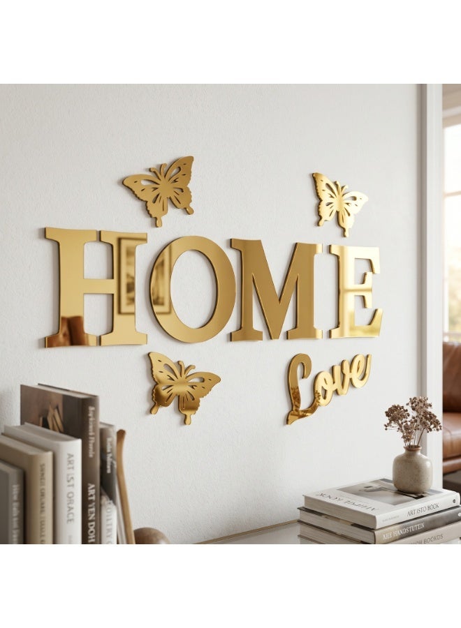 ديكور حائط دهبي اكريليك بعبارة HOME LOVE مع فراشات – تصميم عصري مجسم – لون دهبي لامع – سمك 6 ملم – لاصق دبل فيس جاهز للتثبيت – زينة حائط للمنزل والمطبخ عالي الجودة - Image 1
