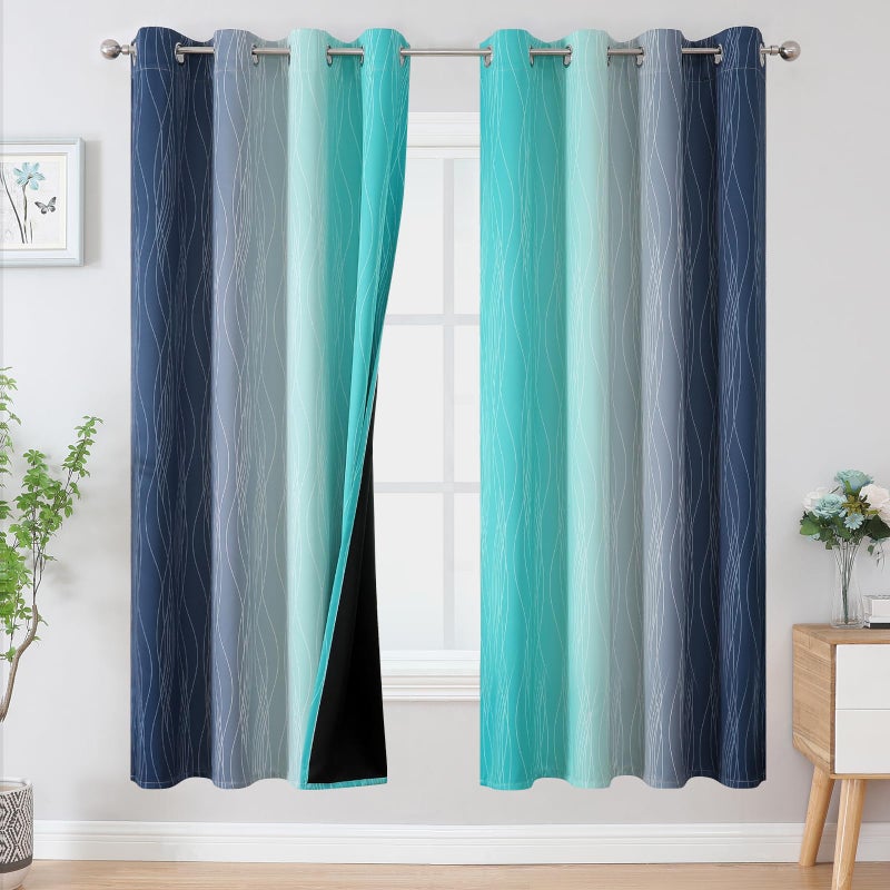 Estelar Textiler Navy Blue and Teal Blackout Curtains 72 Inch Length 2 Panels Set  Full Room Darkening Grommet Ombre Curtains for Bedroom  Thermal Insulated Light Blocking Gradient Drapes  52Wx72L - Image 1