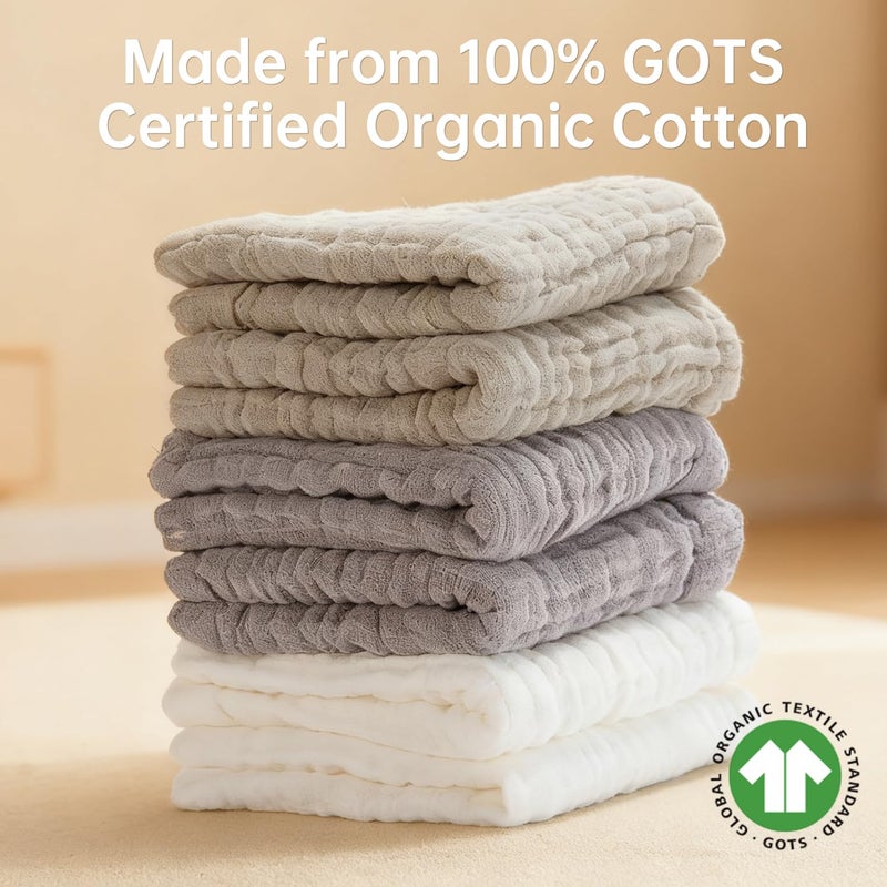 Bear Rocket Organic Muslin Baby Washcloths 6 Pack Baby Bath Face Towel 12x12 Inch Extra Absorbent and Soft Burp Cloth and Wash Cloths for Newborn-Infants On Sensitive Skin (White Grey Brown) - Image 5