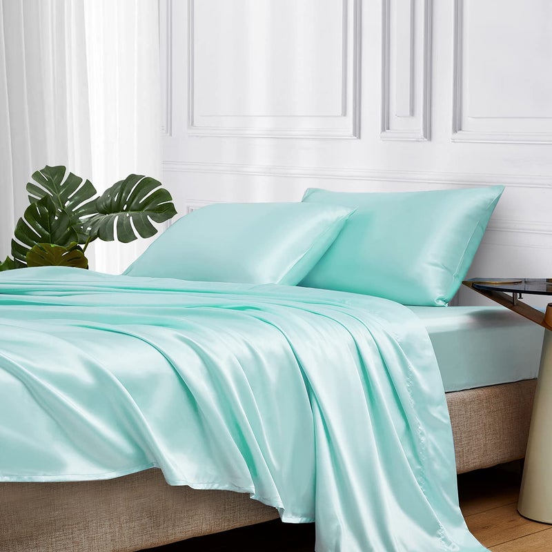 MRHM Satin Bed Sheets Queen Size Sheets Set 4 Pcs Silky Bedding Set with 15 Inches Deep Pocket for MattressQueen Turquoise