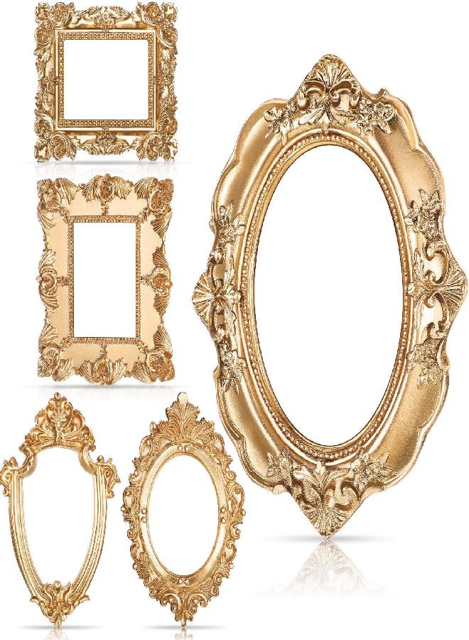 Yalikop Yalikop 5 Pieces Vintage Resin Picture Frame Antique Photo Oval Rectangle Wall Hanging Table Top Jewelry Display Christmas Holiday Party Hotel Decor (Gold), (CU-Yalikop-1229) - Image 1