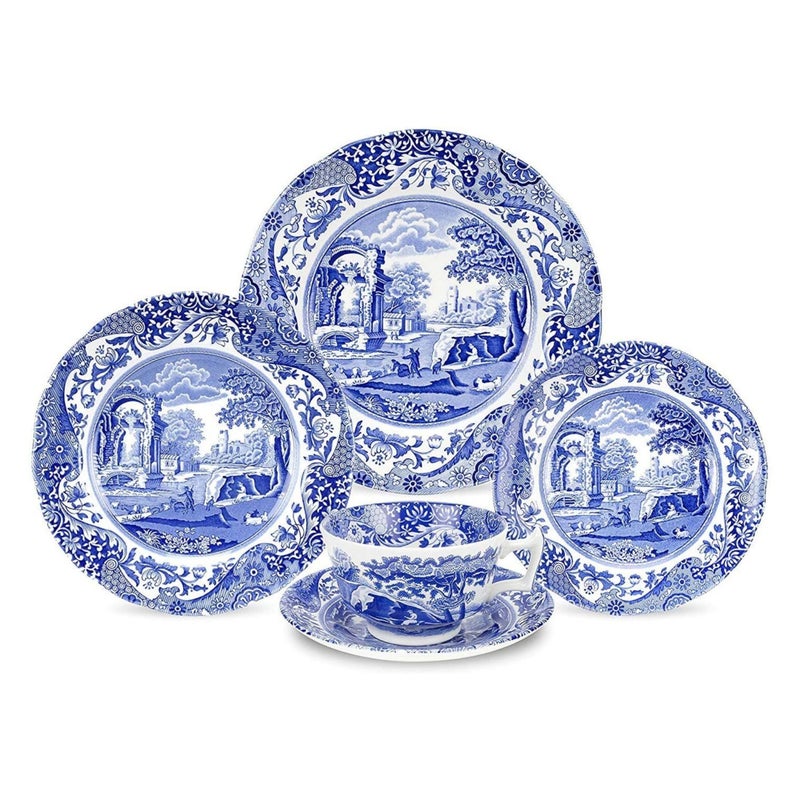 Spode Blue Italian 5-Piece Place Setting | Dinner Plate, Salad Plate, Bread & Butter Plate, Teacup and Saucer | Dishwasher Safe | Made in England from Fine Earthenware - Image 1
