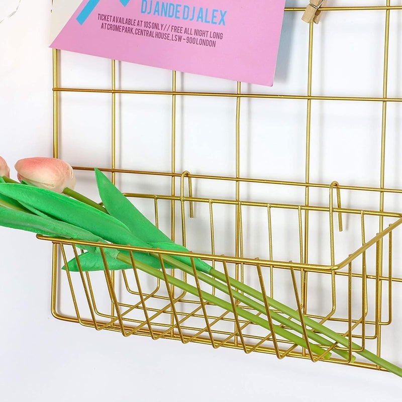 CreativeBuzz Steel Grid Photo Frame For Wall With 10 Wooden Clips DIY Mesh Wire Frame Grid Of Metal Hanging Aesthetic Moments Photo Wall Décor for Home Living Room and office, Size - 65x45 cm, (Golden) - Image 2