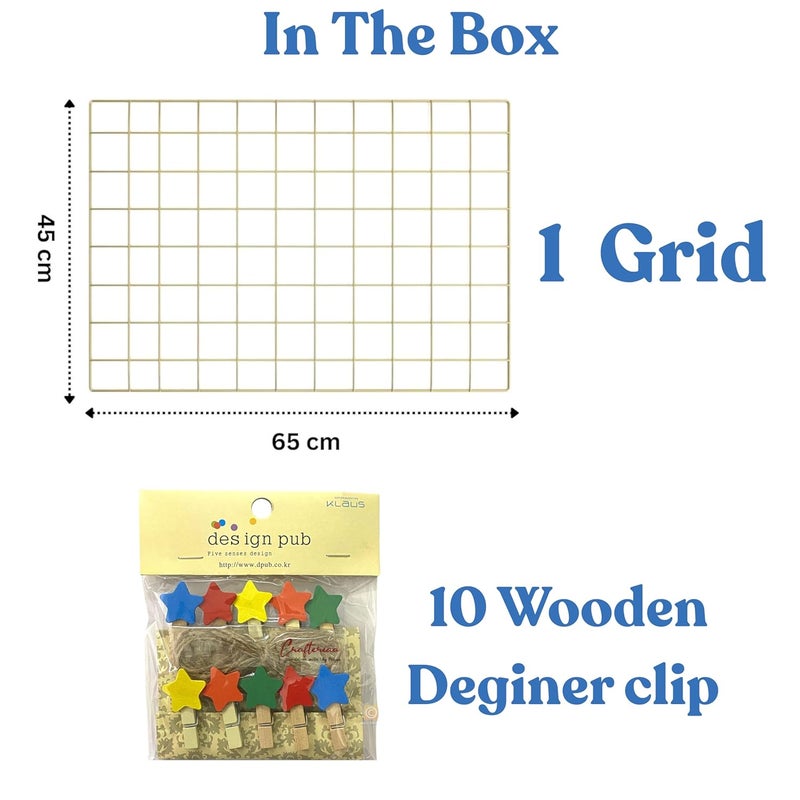 CreativeBuzz Steel Grid Photo Frame For Wall With 10 Wooden Clips DIY Mesh Wire Frame Grid Of Metal Hanging Aesthetic Moments Photo Wall Décor for Home Living Room and office, Size - 65x45 cm, (Golden) - Image 3
