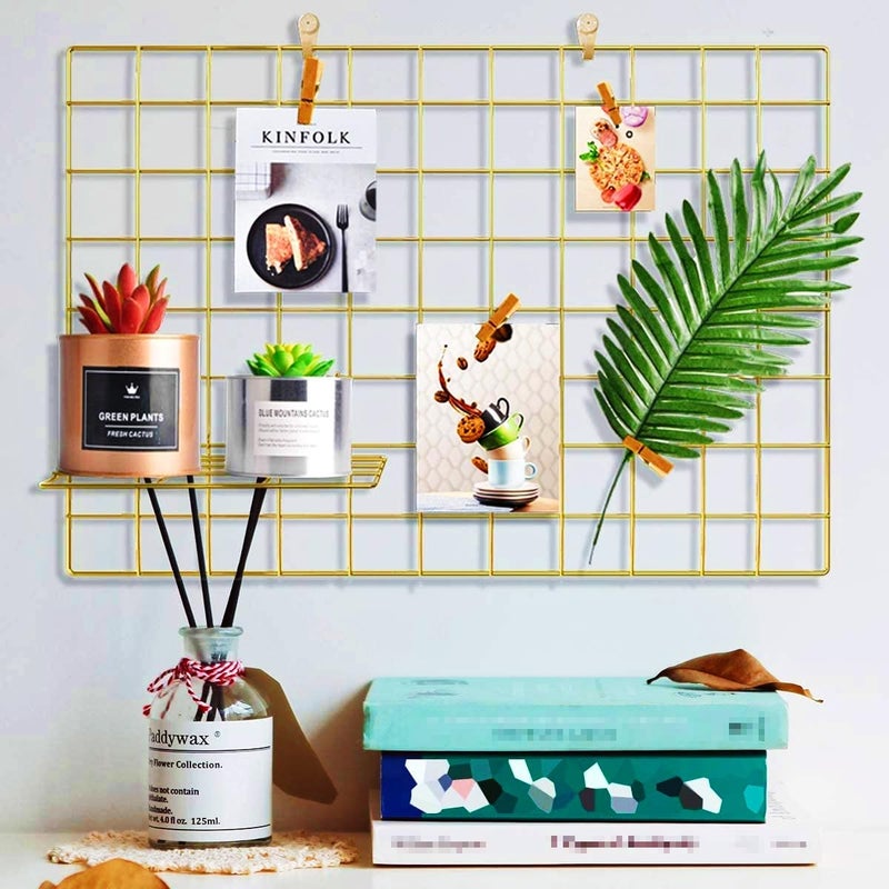 CreativeBuzz Steel Grid Photo Frame For Wall With 10 Wooden Clips DIY Mesh Wire Frame Grid Of Metal Hanging Aesthetic Moments Photo Wall Décor for Home Living Room and office, Size - 65x45 cm, (Golden) - Image 1
