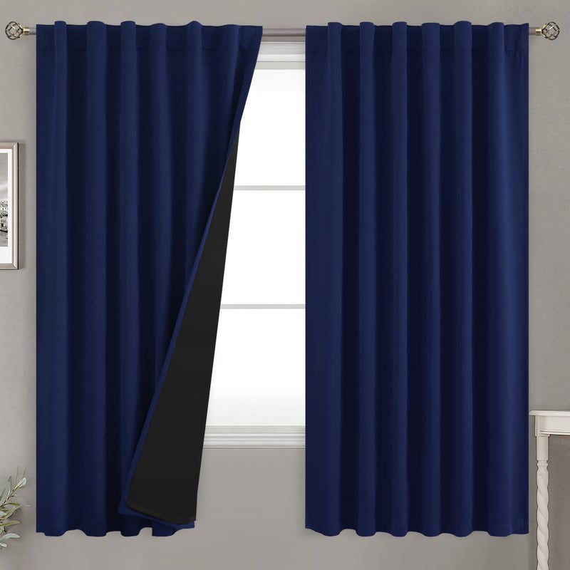 BGment Navy Blue 100 Blackout Curtains 63 Inches Long with Reducing Noise Liner Rod Pocket and Back Tab Double Layer Full Room Darkening Window Curtain for Bedroom 2 Panels Each 52 x 63 Inch