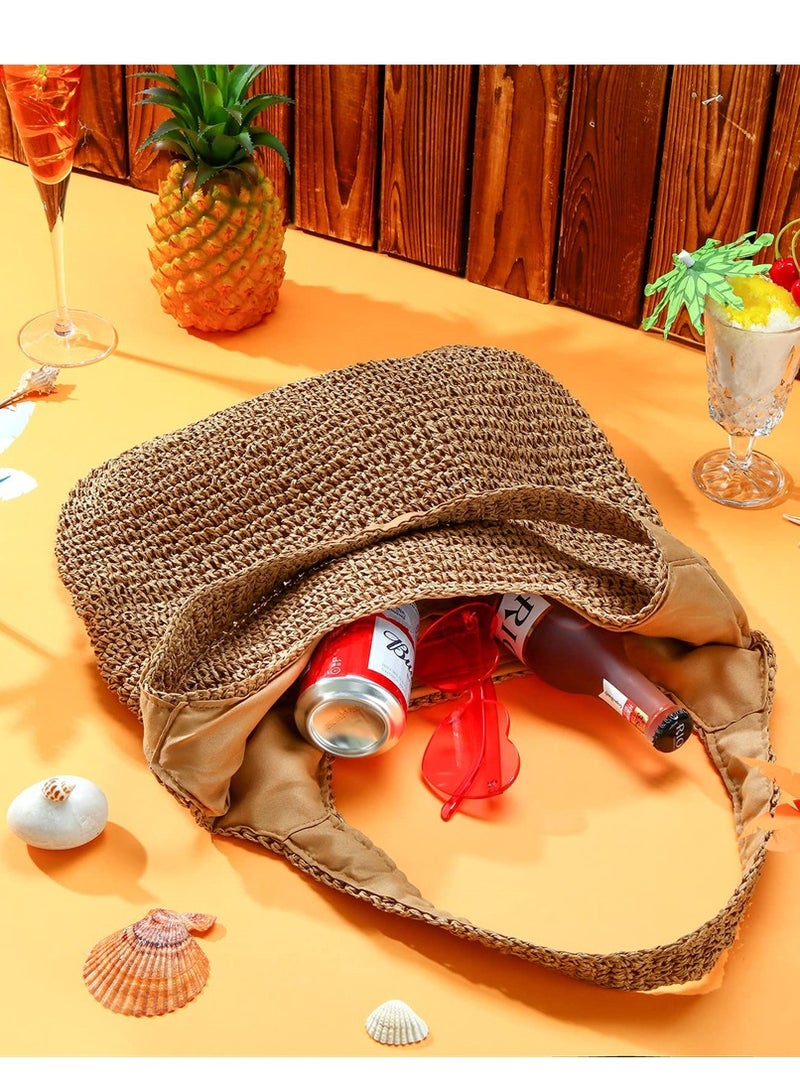 Hand-woven Soft Large Straw Shoulder Bag, Boho Straw Handle Tote Retro Summer Beach Bag Rattan Handbag, Women Straw Beach Bag Bucket Tote Shoulder Bag (Khaki)  - Image 4